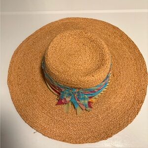Cappelli Straworld Stylish Tan Raffia Straw Hat‎ with Multicolor Ribbon O/S